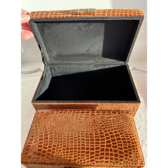S/2 Vegan Crocodile Decorative Boxes Brown Umber Jewelry Storage Lined Home NICE - Picture 5 of 16